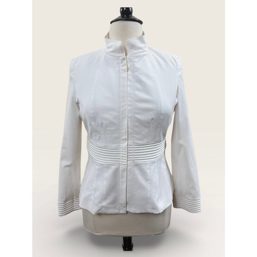 Doncaster Signature White, Zip Jacket w/ Mandarin Collar, Piping Detail, Sz 12